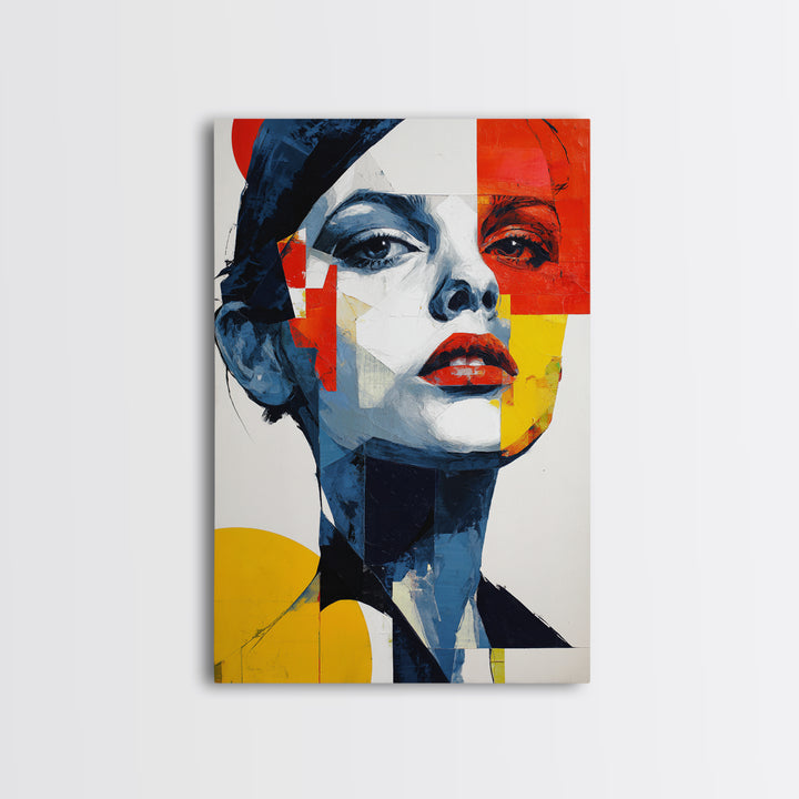 Bold Cubist Woman Portrait Framed Canvas Print, Red Yellow Blue Abstract Wall Art, Pop Art Poster, Modern Decor For Bedroom