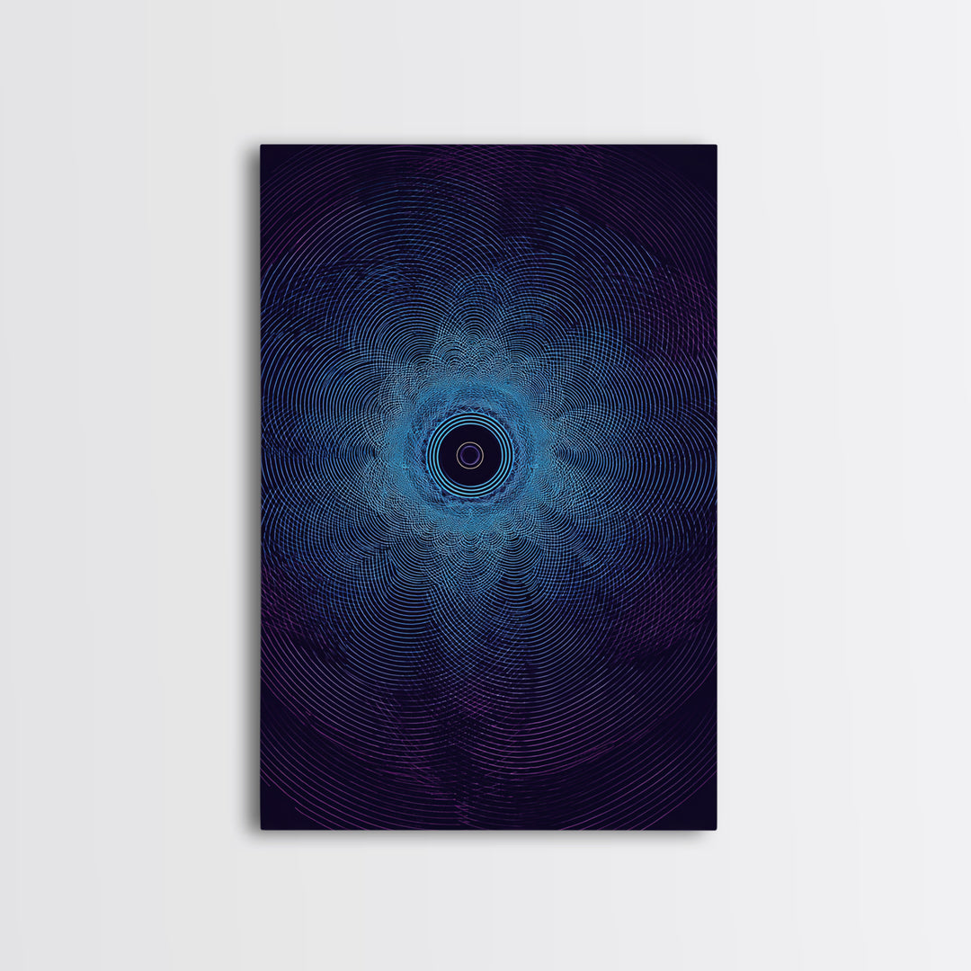 Dark Blue Concentric Vortex Op Art Canvas Print, Modern Abstract Wall Art, Cosmic Retro Poster, Geometric Home Decor Art Print