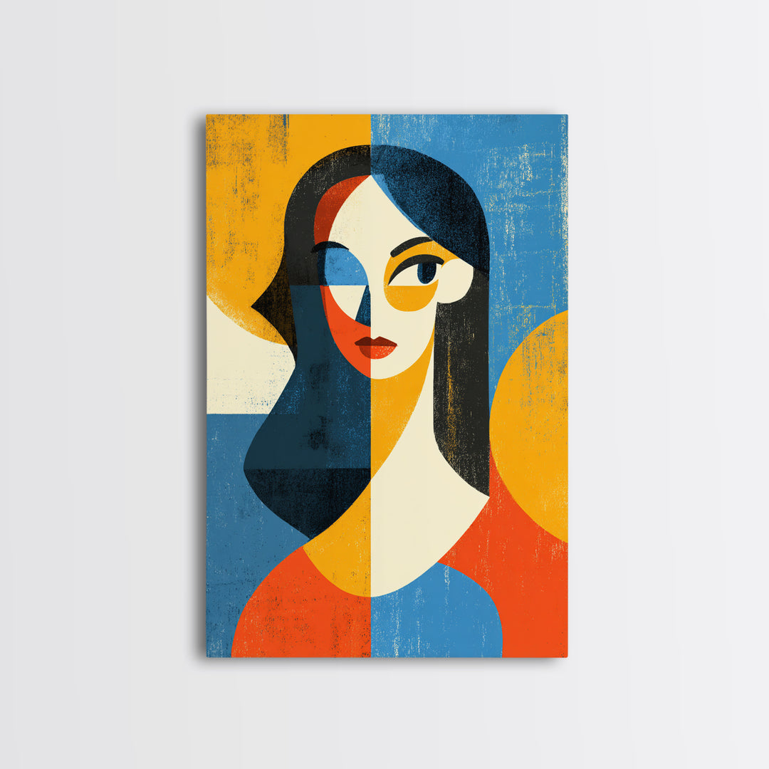 Geometric Midcentury Woman Portrait Canvas Print, Modern Abstract Art, Bauhaus Poster, Orange Blue Decor For Living Room