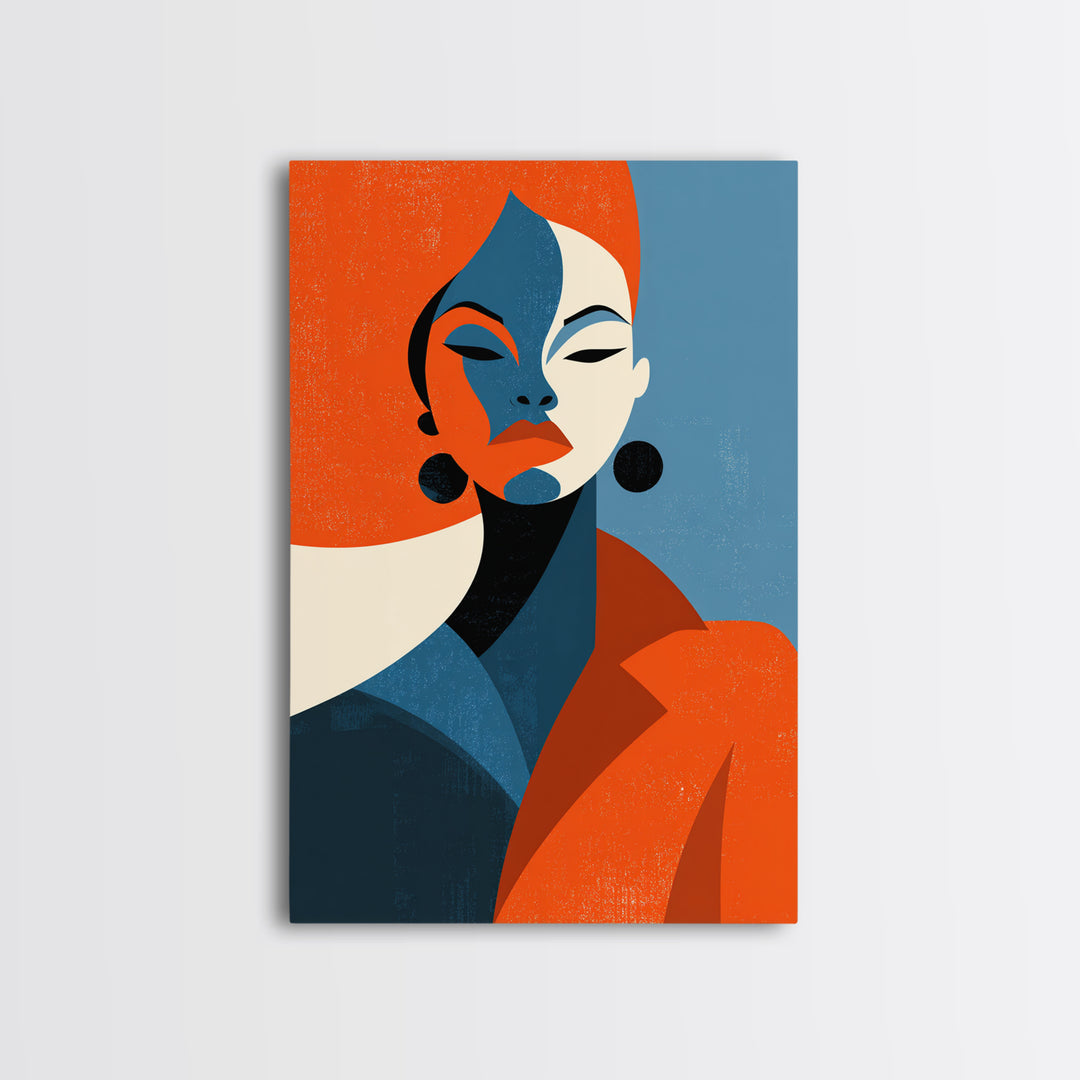 Elegant Orange Blue Woman Portrait Framed Canvas Print, Midcentury Modern Art, Fashion Wall Decor, Bold Retro Poster Gift