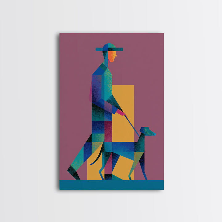 Geometric Man Walking Dog Canvas Print, Midcentury Modern Wall Art, Bauhaus Style Poster, Retro Pet Lover Home Decor Gift