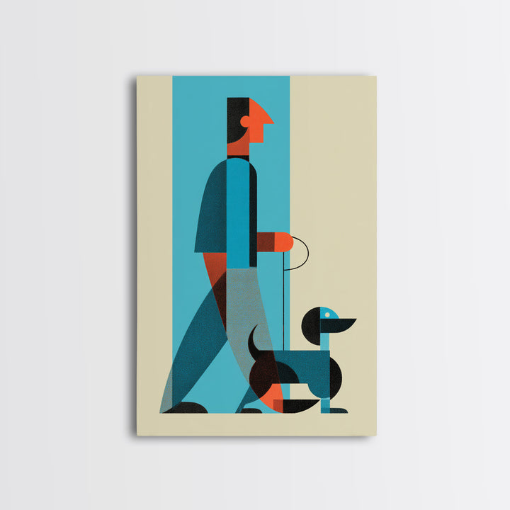 Midcentury Man With Dachshund Wall Art, Geometric Modern Art Print, Retro Dog Walker Poster, Minimalist Home Decor Gift For Dog Lovers