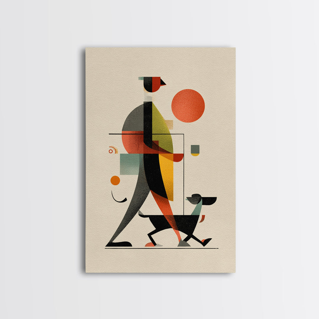 Bauhaus Man Walking Dog Framed Canvas Print, Midcentury Modern Wall Art, Geometric Sun Poster, Retro Home Office Decor Gift