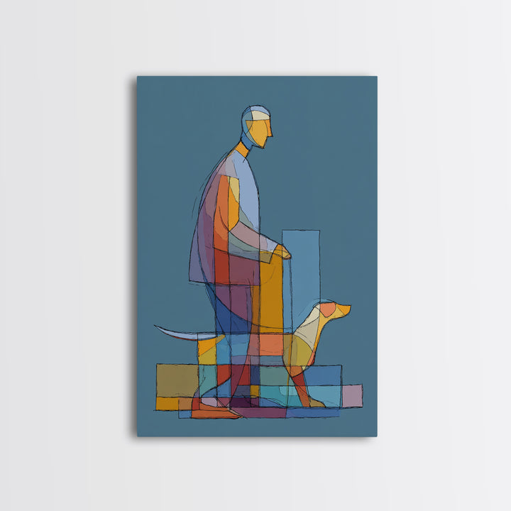 Transparent Geometric Man Dog Wall Art, Midcentury Modern Art Print, Abstract Line Drawing, Blue Bauhaus Living Room Decor