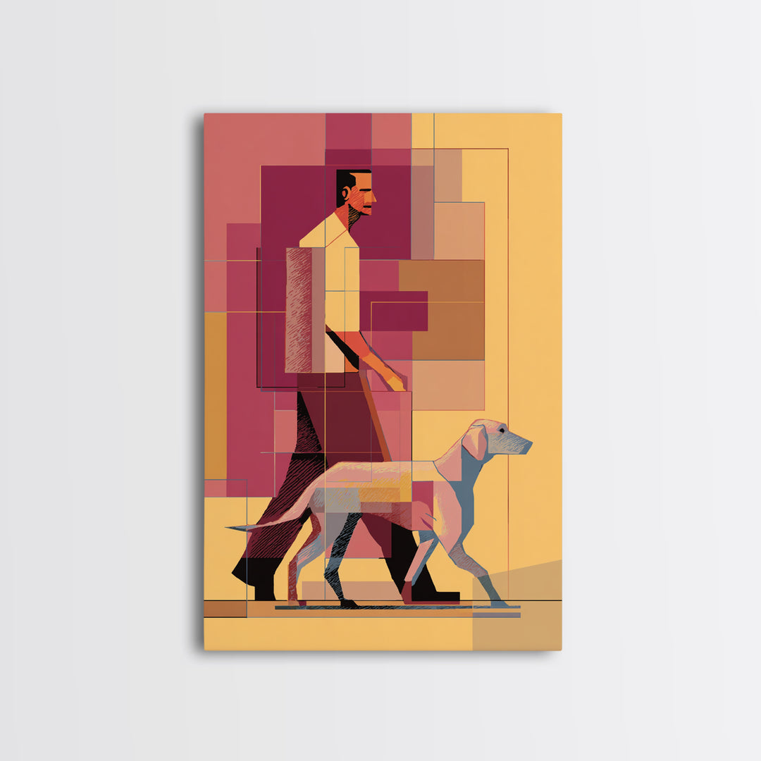 Pastel Man Walking Dog Canvas Print, Midcentury Modern Wall Art, Geometric Pink Orange Poster, Contemporary Pet Decor Gift