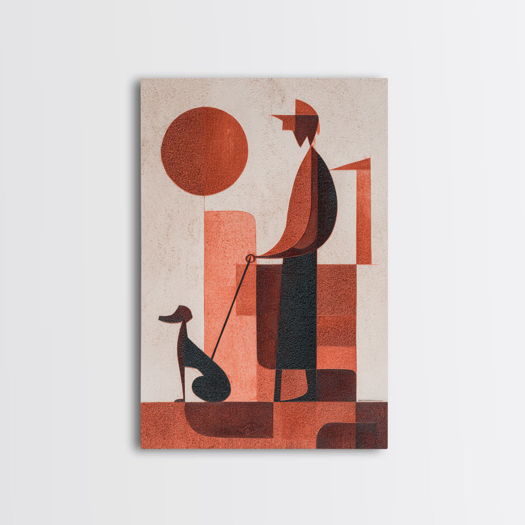 Retro Red Man With Dog Wall Art, Midcentury Modern Art Print, Geometric Sun Poster, Burnt Orange Home Decor Gift For Him