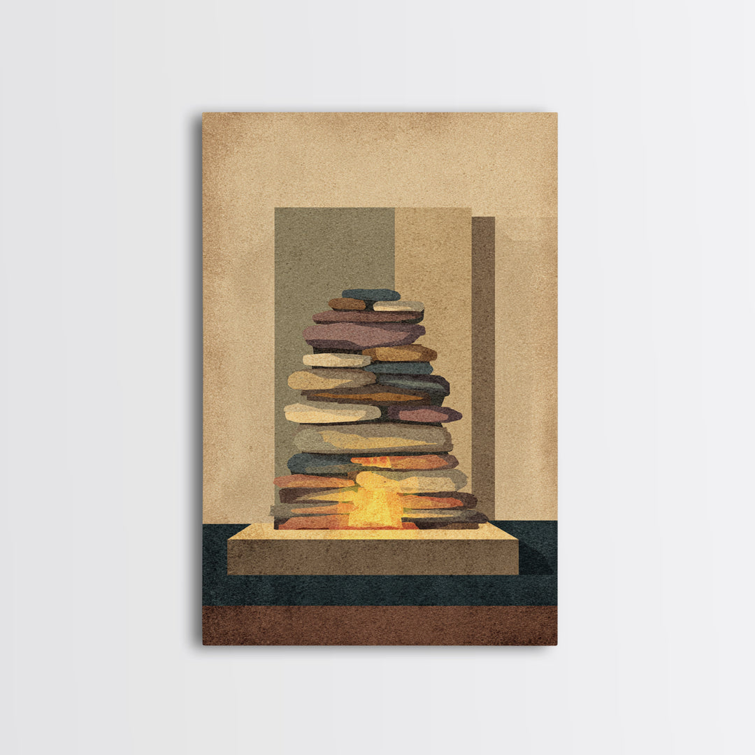 Stacked Stone Hearth With Glowing Fire Wall Art, Midcentury Modern Abstract Print, MCM Decor, Earth Tone Living Room Wall Decor