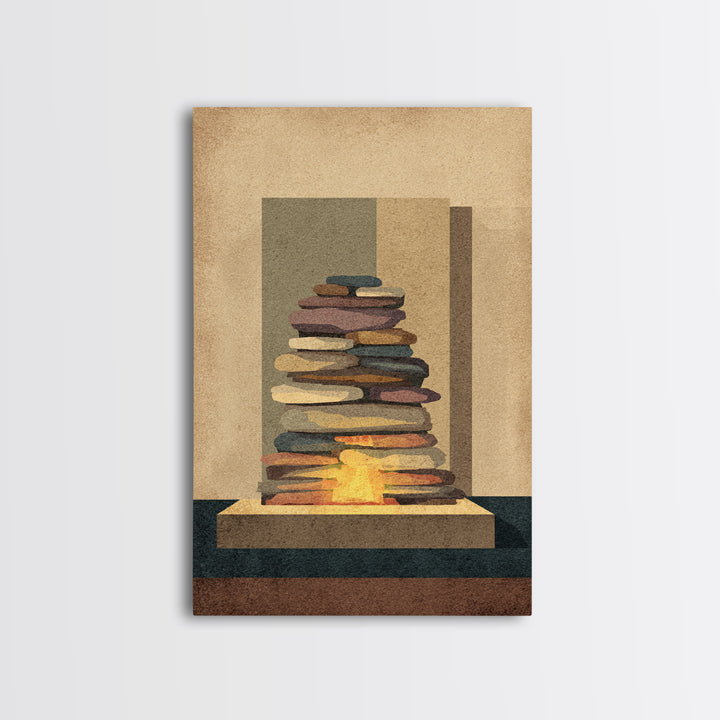 Stacked Stone Hearth With Glowing Fire Wall Art, Midcentury Modern Abstract Print, MCM Decor, Earth Tone Living Room Wall Decor