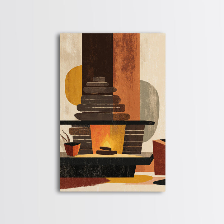 Retro Fireplace And Plant Canvas Print, Midcentury Modern Wall Art, Atomic Ranch Decor, Orange Teal Living Room Poster Prints