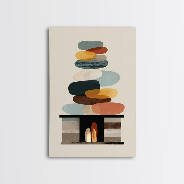 Balanced Pebble Stack Over Fireplace Framed Canvas Print, Midcentury Abstract Wall Art, Neutral MCM Decor, Colorful Home Art