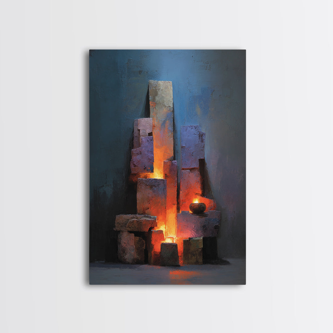 Glowing Brutalist Blocks And Candle Wall Art, Modern Abstract Art Print, Moody Blue Orange Decor, Industrial Home Office Poster
