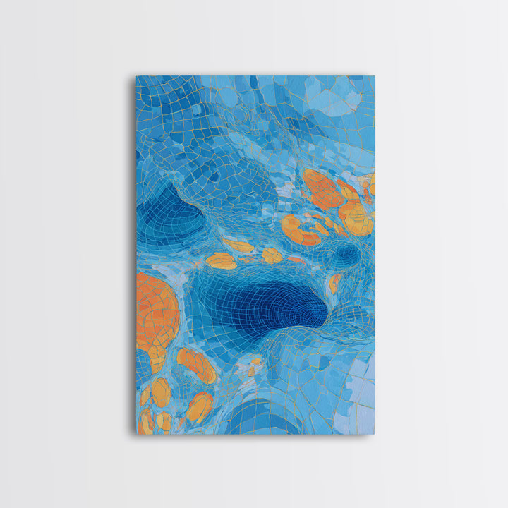 Blue Orange Warped Mosaic Grid Canvas Print, Modern Abstract Art, Op Art Wall Decor, Geometric Wall Art For Living Room Decor