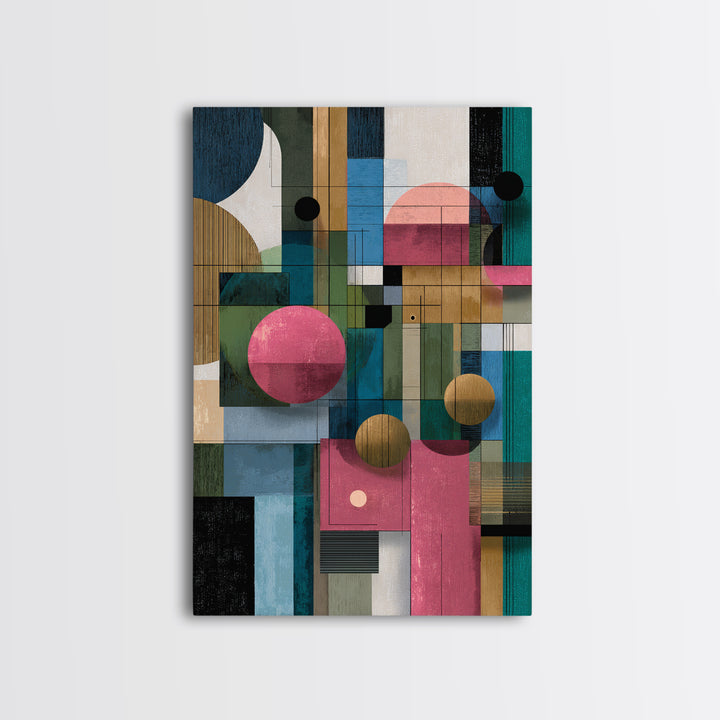 Teal Pink Geometric Architectural Collage Wall Art, Midcentury Modern Print, Bauhaus Abstract Decor, Colorful Home Office Art