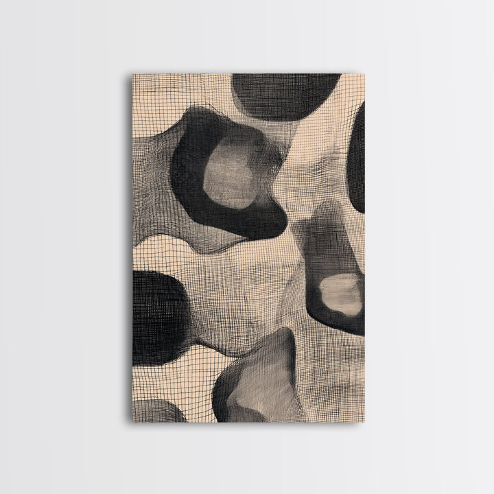 Black Beige Organic Textile Mesh Canvas Print, Minimalist Abstract Wall Art, Neutral Modern Decor, Scandinavian Home Poster