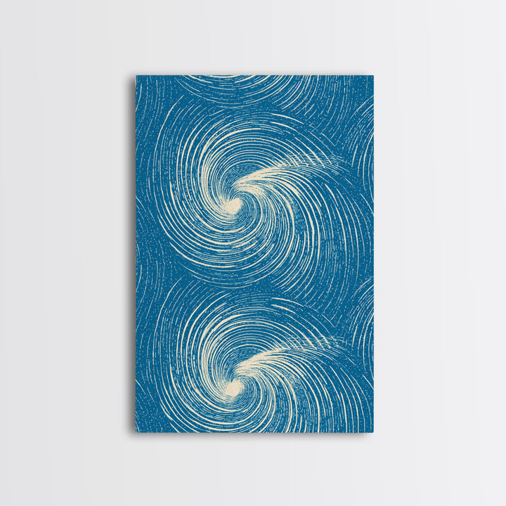 Teal Cream Double Spiral Wave Abstract Canvas Print, Retro Modern Wall Art, Coastal Geometric Poster, Blue Living Room Decor