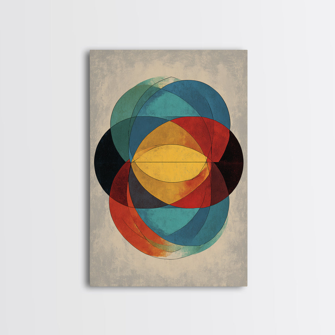 Overlapping Circles Geometric Wall Art, Midcentury Modern Abstract Canvas Print, Bauhaus Style Colorful Home Decor Poster