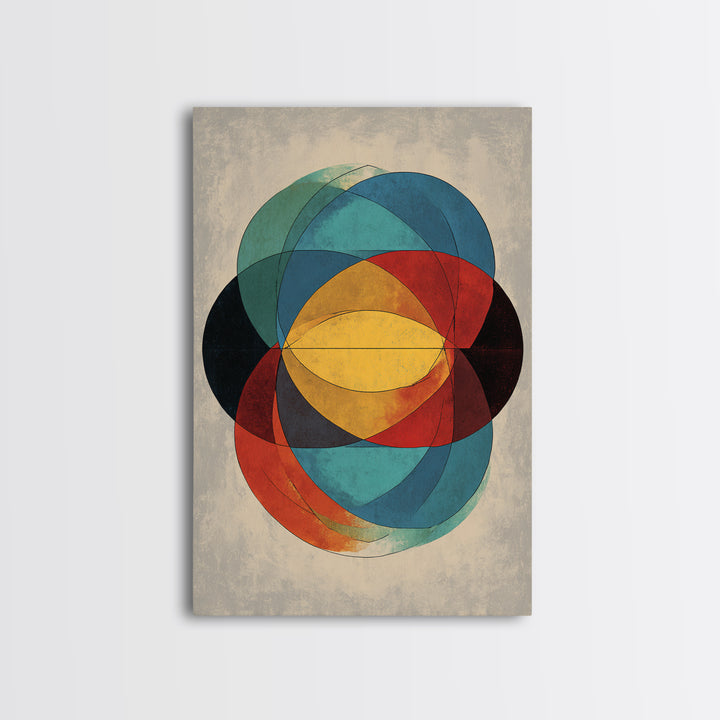 Overlapping Circles Geometric Wall Art, Midcentury Modern Abstract Canvas Print, Bauhaus Style Colorful Home Decor Poster