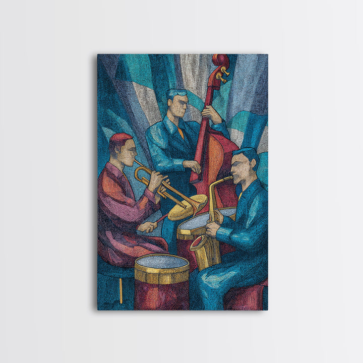 Colorful Jazz Band Trumpet Bass Drums Framed Canvas Print, Midcentury Modern Wall Art, Music Room Decor, Retro Poster Gift
