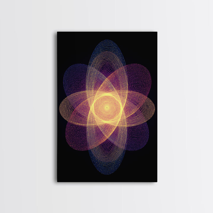 Radiant Purple Gold Atomic Flower Framed Canvas Print, Midcentury Modern Wall Art, Cosmic Geometric Art, Retro Decor Poster