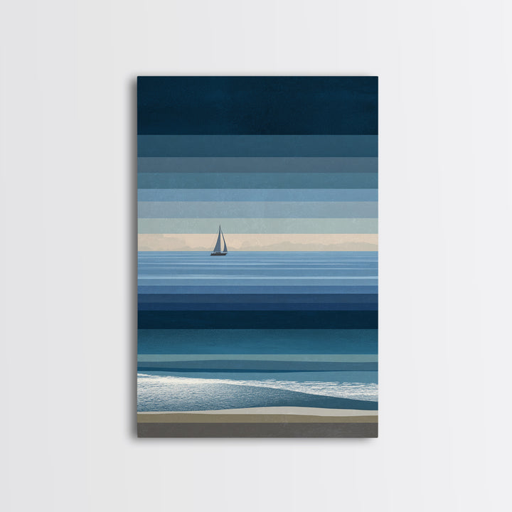 Minimal Blue Sailboat Seascape Wall Art, Coastal Landscape Art Print, Modern Wall Decor, Calm Ocean Nautical Home Decor Gift