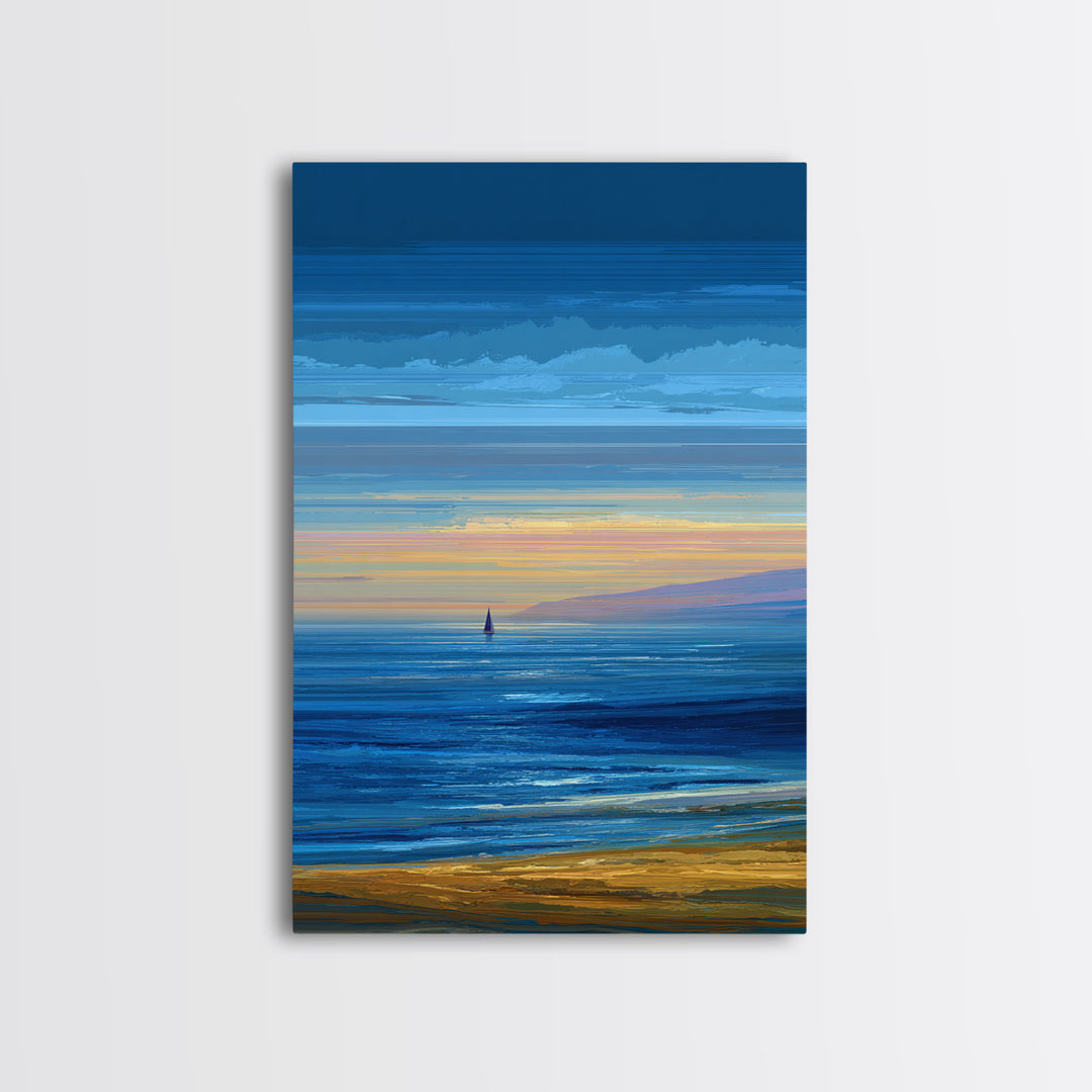 Blue Coastal Sunset Sailboat Framed Canvas Print, Ocean Beach Wall Art, Modern Landscape Art, Nautical Living Room Decor