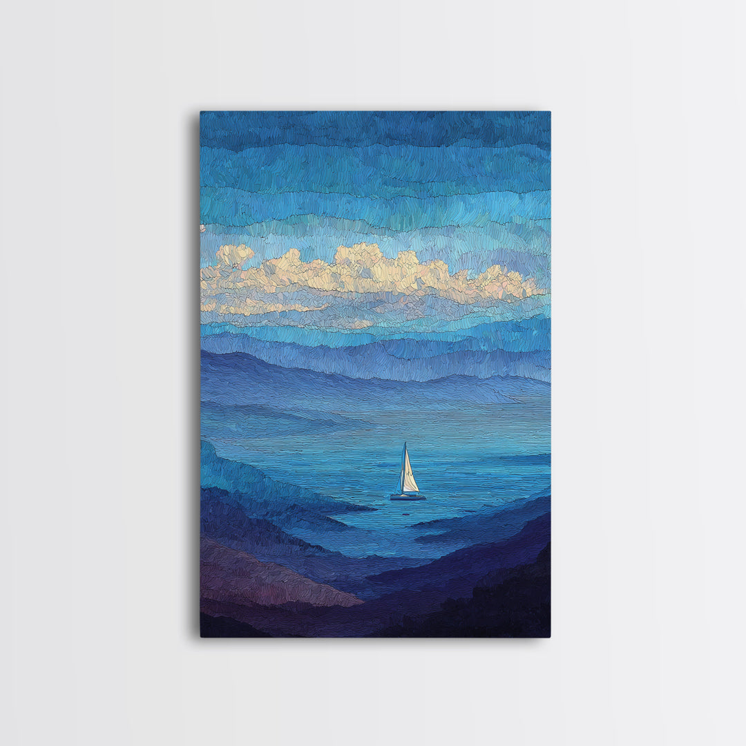 Textured Blue Mountain Lake Sailboat Wall Art, Scenic Coastal Landscape Print, Modern Home Decor, Peaceful Nature Artwork