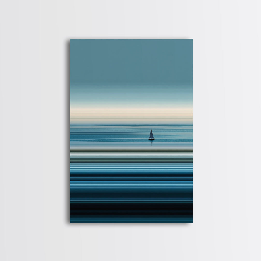 Minimalist Calm Sea Sailboat Canvas Print, Blue Horizontal Ocean Wall Art, Modern Coastal Decor, Serene Home Office Art Print