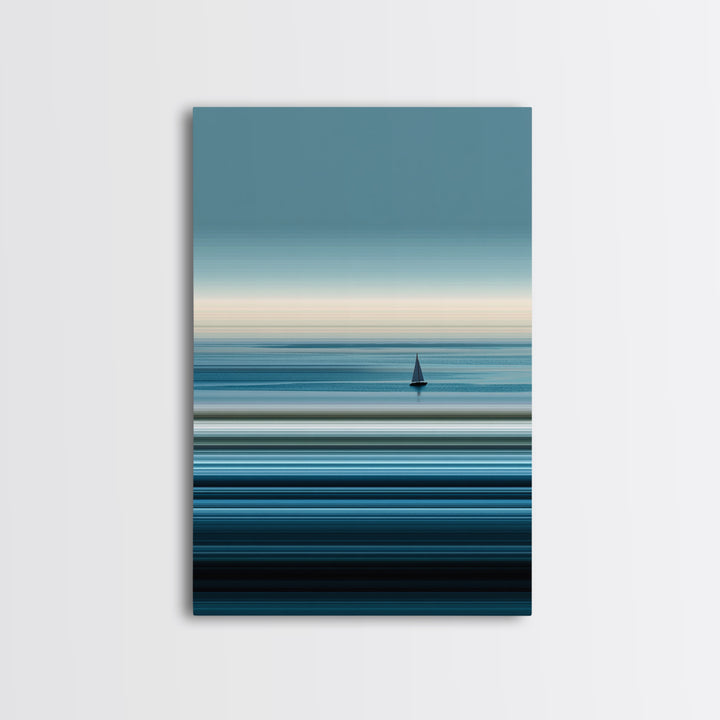 Minimalist Calm Sea Sailboat Canvas Print, Blue Horizontal Ocean Wall Art, Modern Coastal Decor, Serene Home Office Art Print