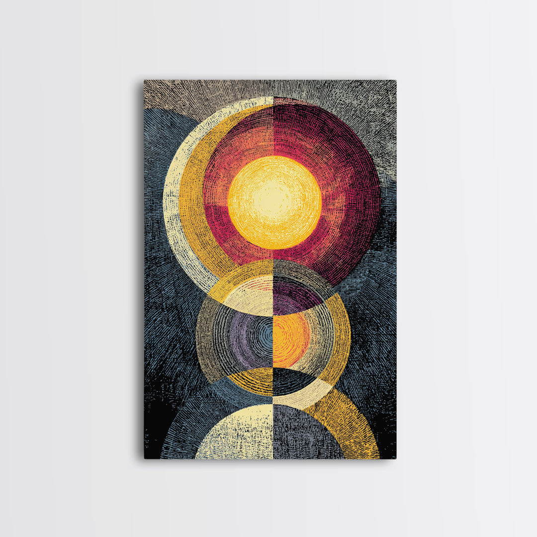 Stacked Solar Circle Geometric Wall Art, Midcentury Modern Abstract Art Print, Bauhaus Inspired Canvas Print, Retro Decor