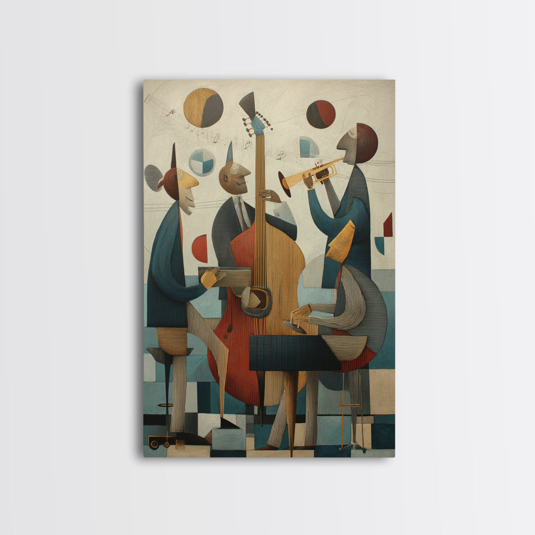 Cubist Jazz Trio With Upright Bass And Trumpet Wall Art, Midcentury Modern Art Print, Music Room Decor, Framed Canvas Print