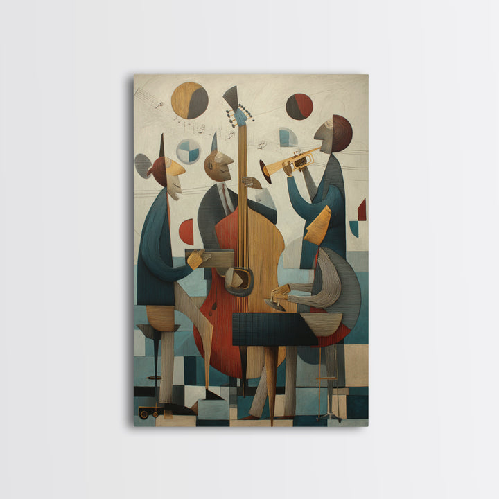 Cubist Jazz Trio With Upright Bass And Trumpet Wall Art, Midcentury Modern Art Print, Music Room Decor, Framed Canvas Print