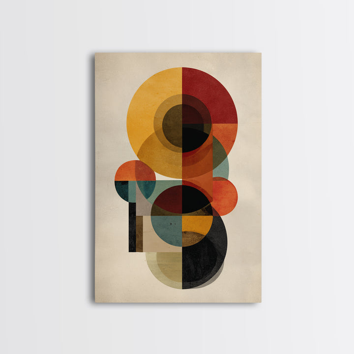 Ochre Red Teal Circle Abstract Framed Canvas Print, Midcentury Modern Wall Art, Geometric Bauhaus Home Decor Poster Print Gift