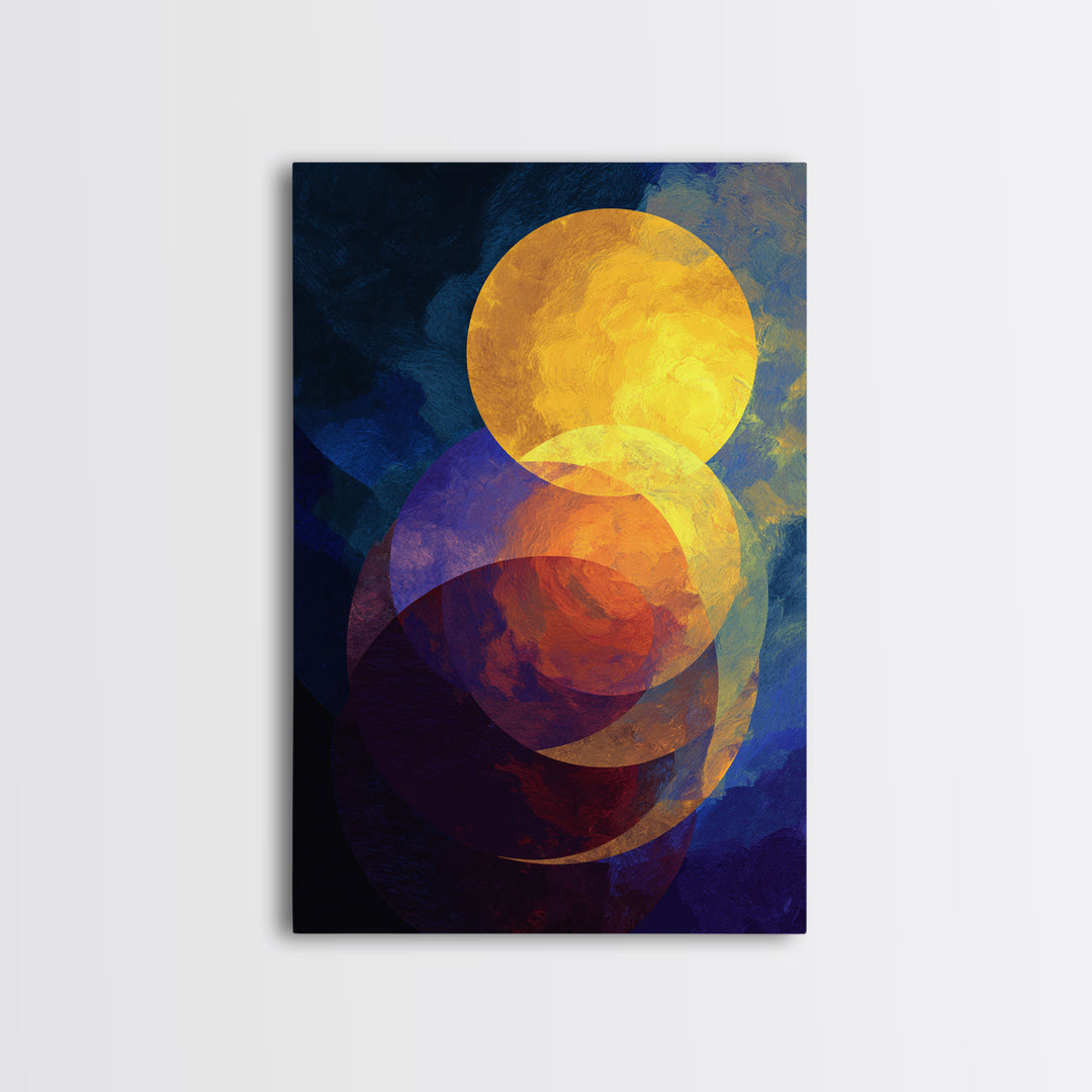 Golden Celestial Circles Abstract Wall Art, Midcentury Modern Art Print, Retro Geometric Decor, Blue Orange MCM Home Decor