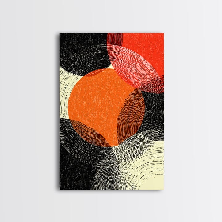Orange Red Linear Circles Canvas Print, Midcentury Abstract Art, Retro Geometric Wall Decor, Bold Modern MCM Poster, Home Decor