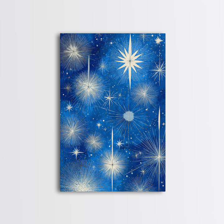 Blue Atomic Starburst Sky Wall Art, Midcentury Modern Celestial Print, Retro Space Poster, Minimalist MCM Home Decor, Blue And White