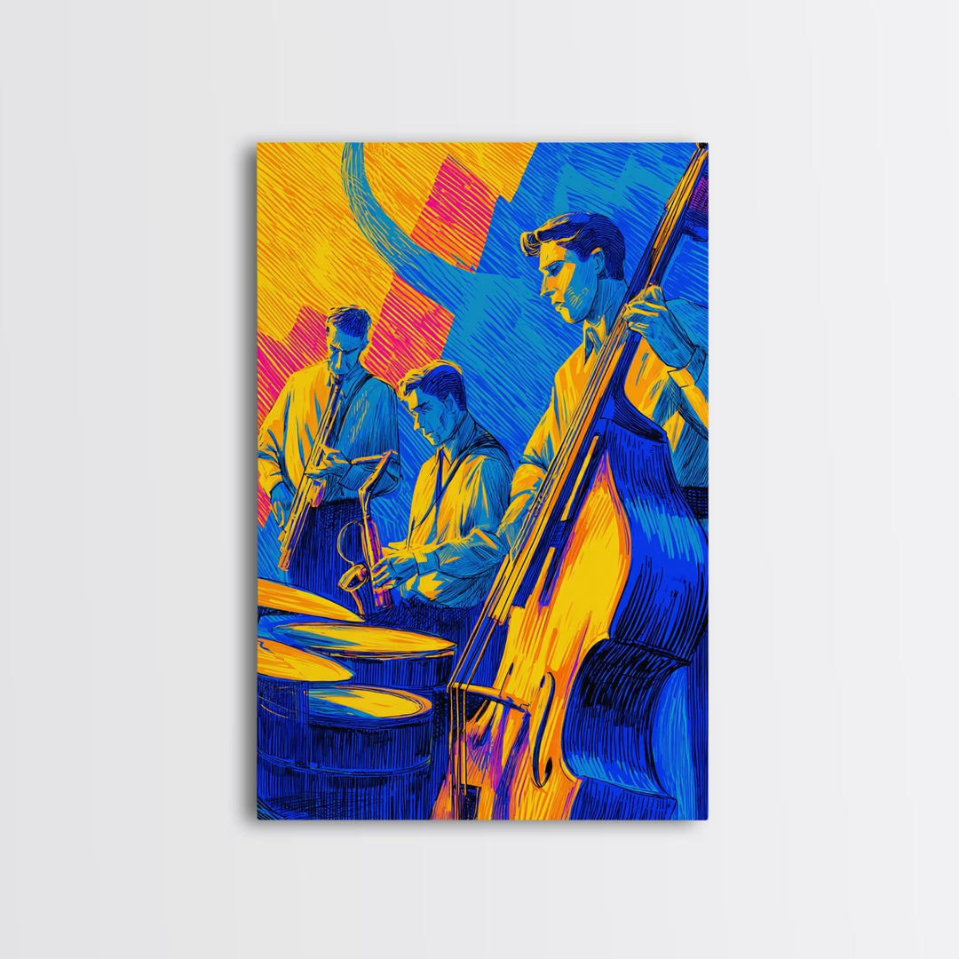 Neon Blue Yellow Jazz Trio Canvas Print, Bold Modern Wall Art, Colorful Music Poster, Midcentury Decor, Large Art Print Gift