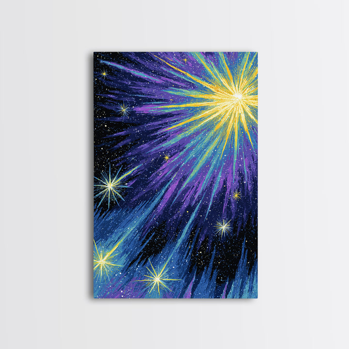 Radiant Comet Starburst Night Sky Framed Canvas Print, Cosmic Retro Wall Art, Space Abstract Art, Modern Home Decor, Gallery Wall Art