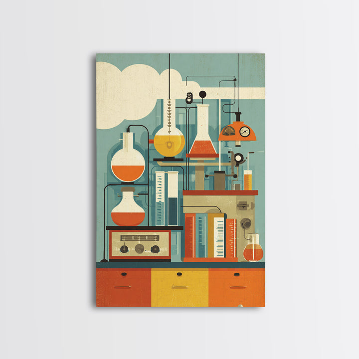 Midcentury Science Lab Beakers Canvas Print, Retro Chemistry Wall Art, Atomic Modern Decor, Office Poster, Orange MCM Art