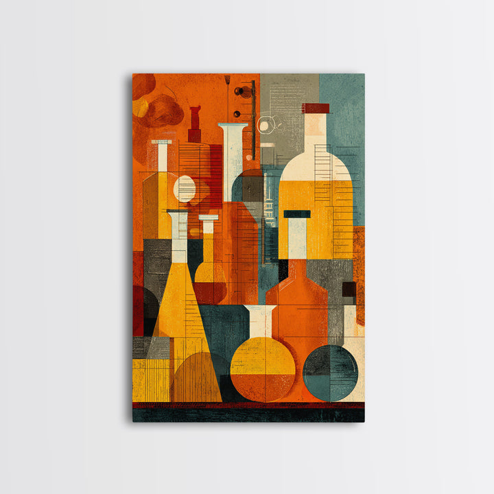Abstract Chemistry Bottles Wall Art, Midcentury Modern Canvas Print, Atomic Science Poster, Orange Teal Office Decor, MCM Decor