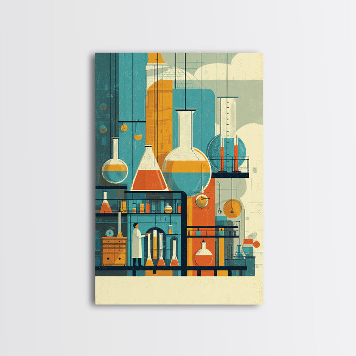 Towering Science Lab Glassware Wall Art, Midcentury Modern Canvas Print, Retro Chemistry Poster, Atomic Office Decor, MCM Art