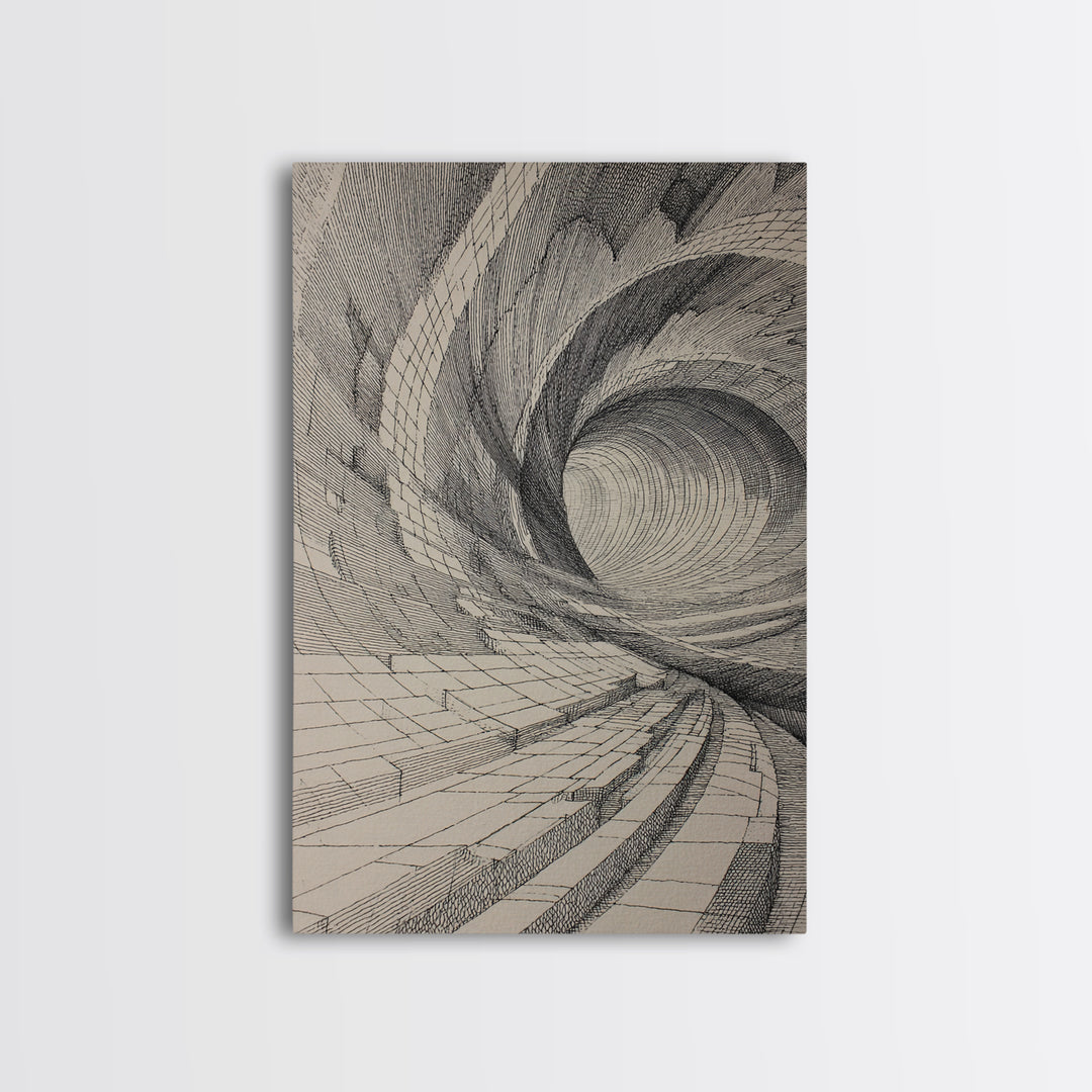 Architectural Tunnel Perspective Canvas Print, Modern Abstract Wall Art, Black Beige Geometric Lines, Office Decor Gift Print