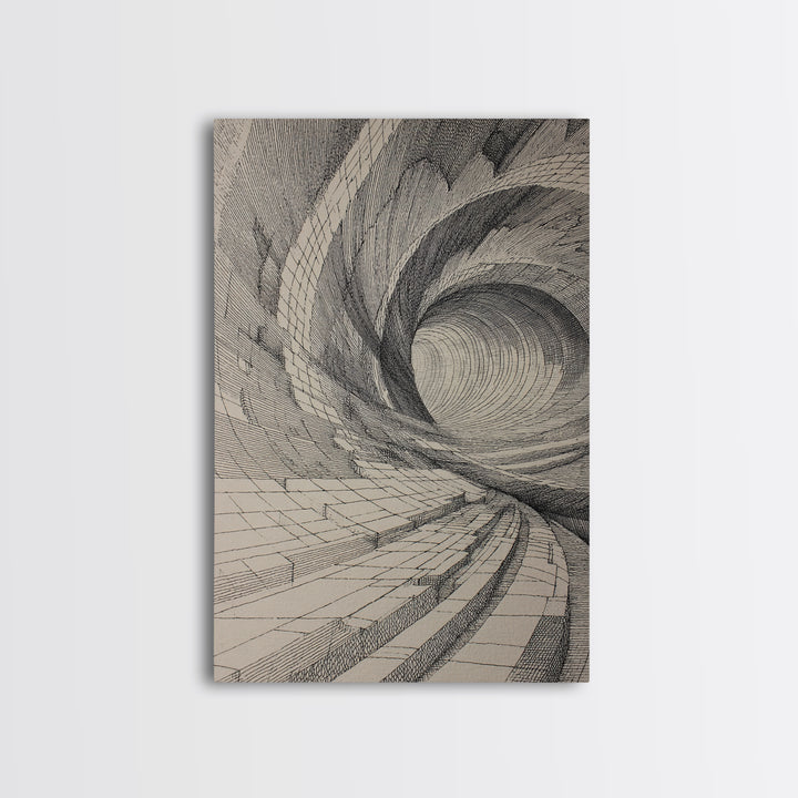Architectural Tunnel Perspective Canvas Print, Modern Abstract Wall Art, Black Beige Geometric Lines, Office Decor Gift Print