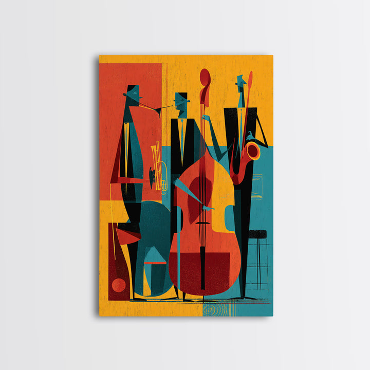 Retro Abstract Jazz Band With Bass And Saxophone Wall Art, Midcentury Modern Poster, Orange Teal Decor, Framed Canvas Print