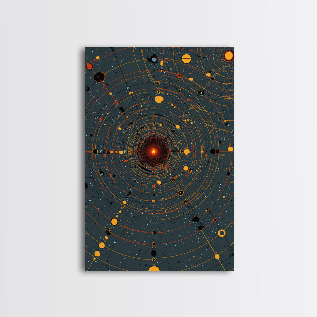 Orange Orbital Solar System Canvas Print, Midcentury Space Wall Art, Atomic Retro Poster, Modern Office Decor, Sci Fi Art