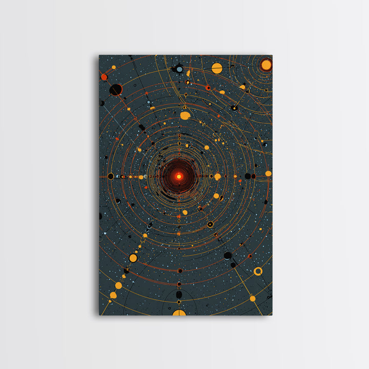 Orange Orbital Solar System Canvas Print, Midcentury Space Wall Art, Atomic Retro Poster, Modern Office Decor, Sci Fi Art