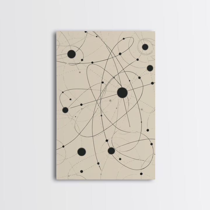 Beige Atomic Orbit Lines Canvas Print, Midcentury Modern Art Print, Geometric Wall Art, Retro Science Decor For Office Space