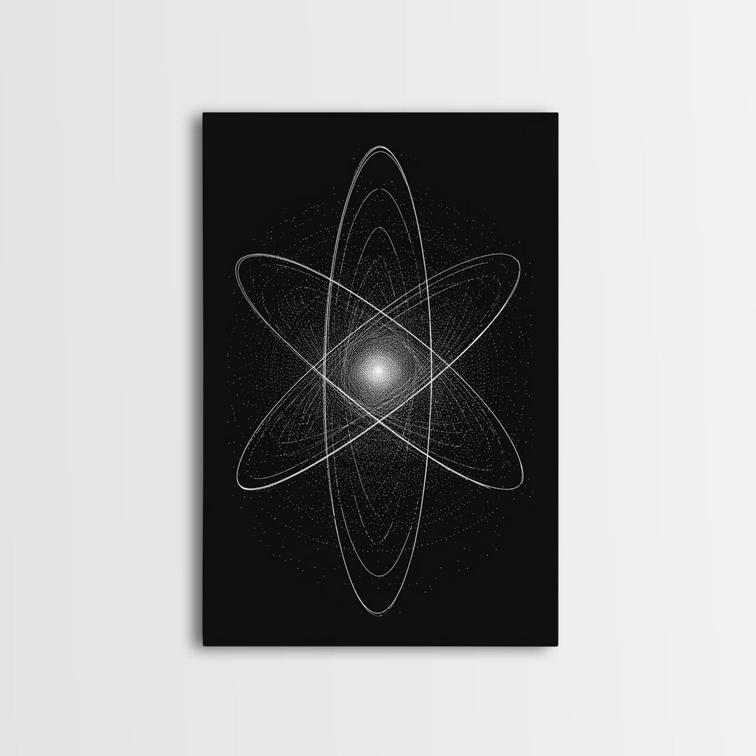 White Atomic Starburst On Black Framed Canvas Print, Modern Wall Art, Space Abstract Art, Science Poster For Home Office