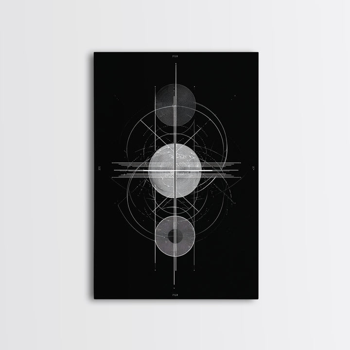 Monochrome Planet Alignment Diagram Wall Art, Modern Geometric Art Print, Midcentury Atomic Decor, Black Space Poster Print