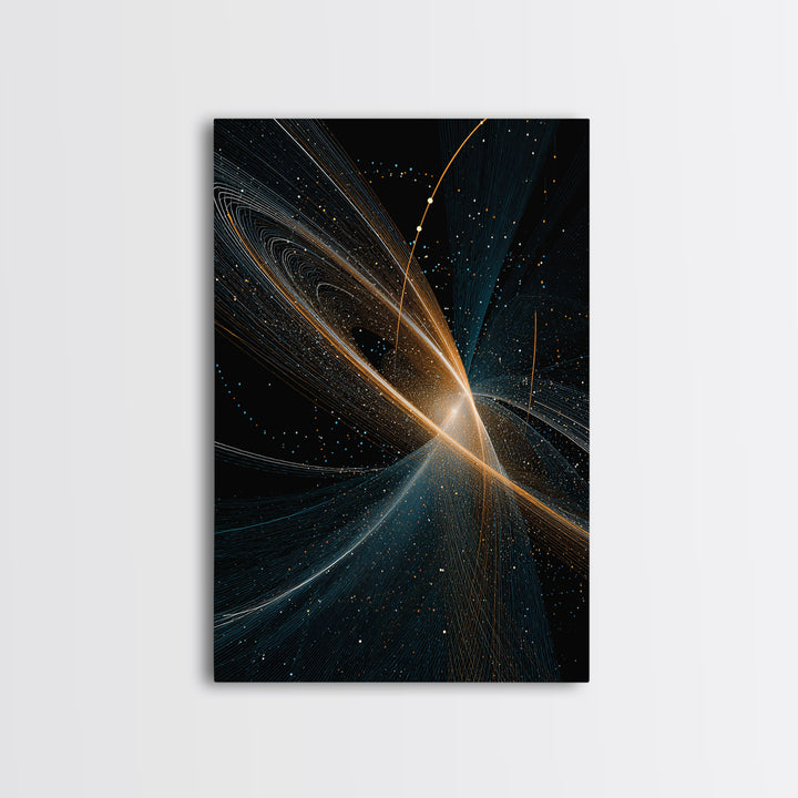 Gold And Blue Cosmic Light Trails Framed Canvas Print, Modern Abstract Wall Art, Space Decor, Large Sci Fi Retro Art Print