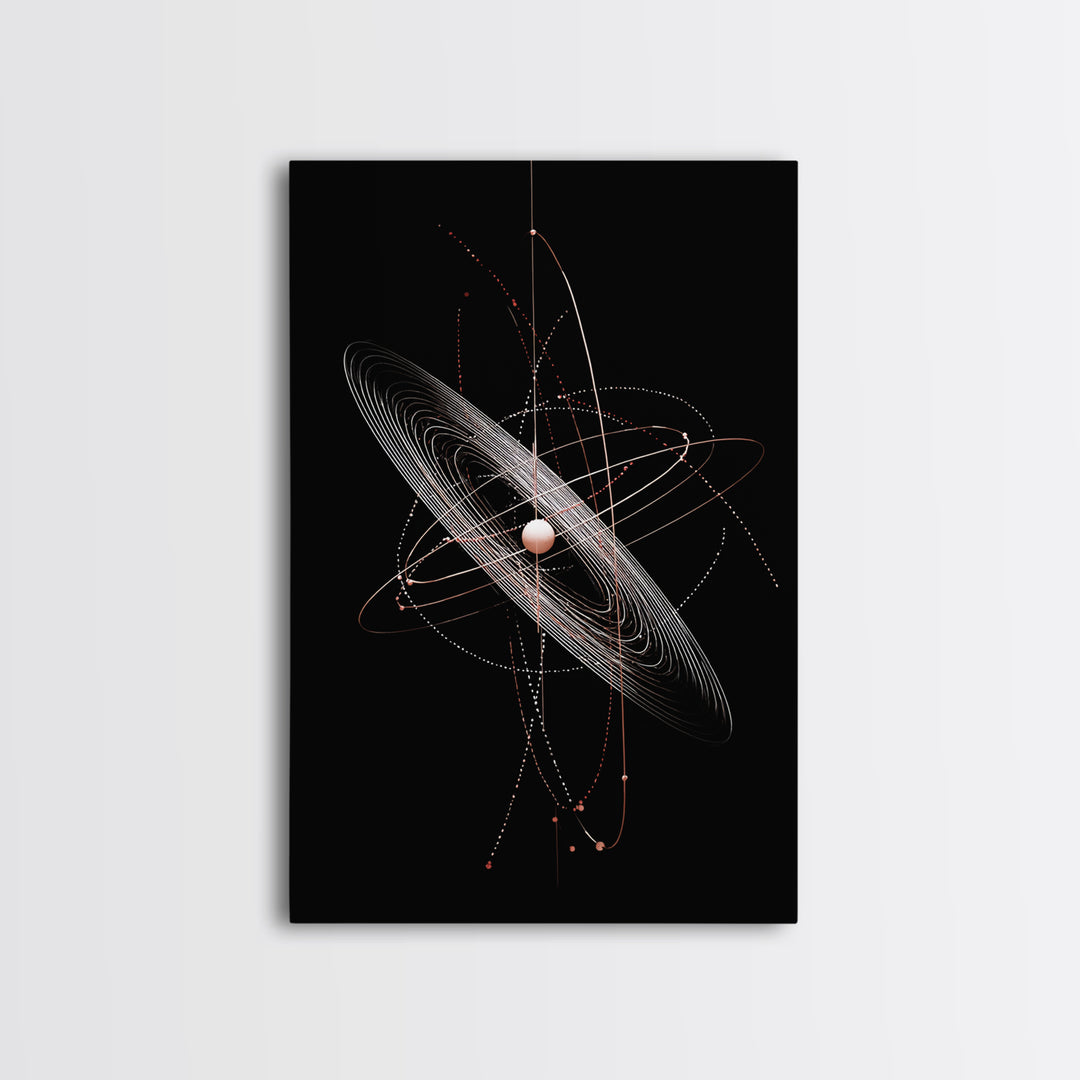 Black Ringed Planet Orbit Lines Canvas Print, Modern Geometric Wall Art, Atomic Retro Decor, Space Poster For Bedroom Decor